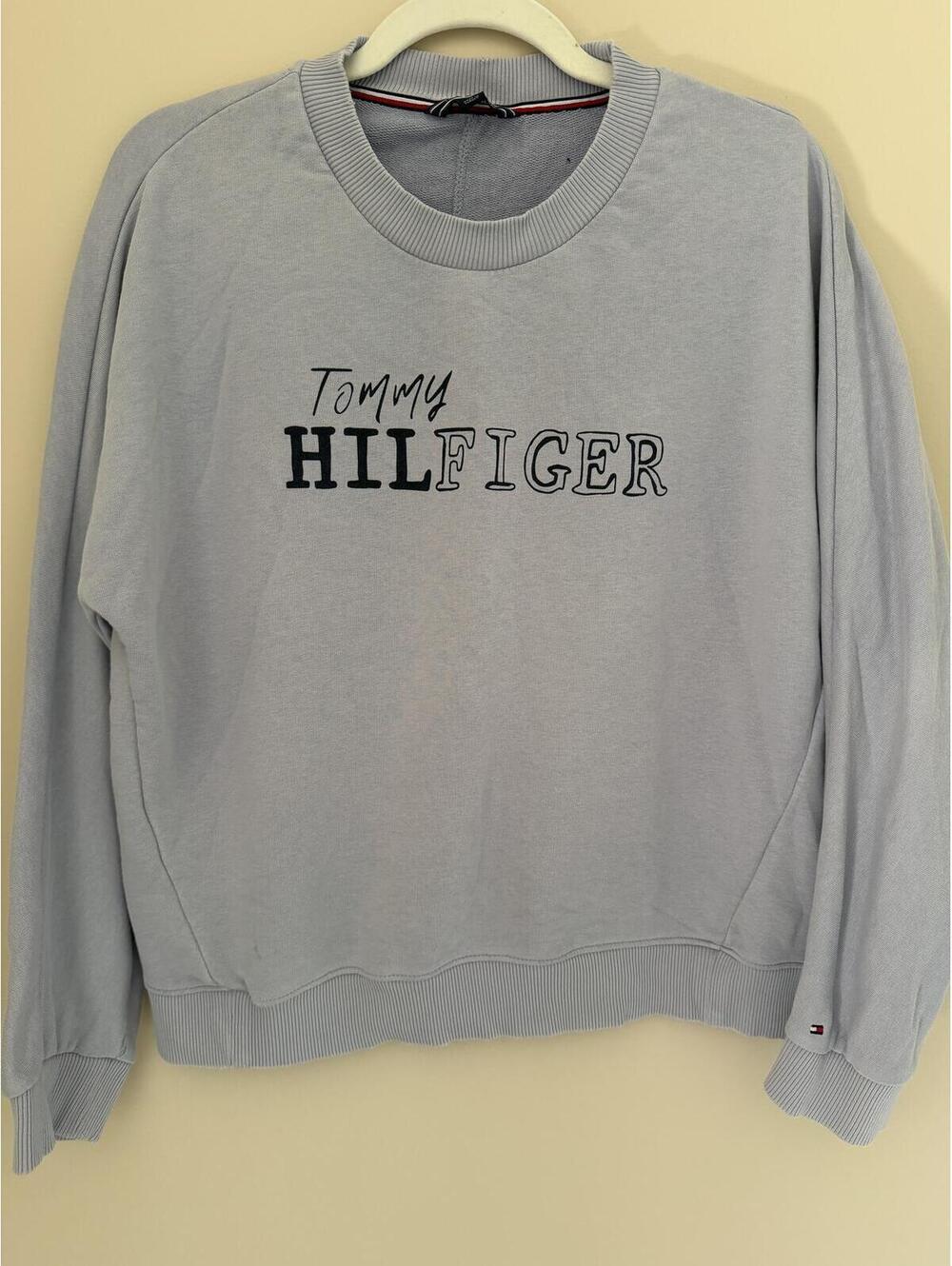 Tommy Hilfiger Light Blue Sweatshirt - small, slightly distressed